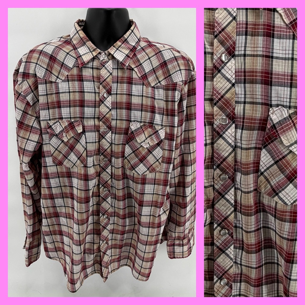 Vintage 70 BJ-R Western Pearl Snap Shirt Plaid Red Tan Disco Cowboy Distressed L